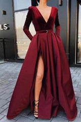 Burgundy Long A-line V-neck Satin High Slit Prom Dresses with Sleeves