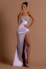 Long Mermaid Satin Strapless Split Front Prom Dress with Beads