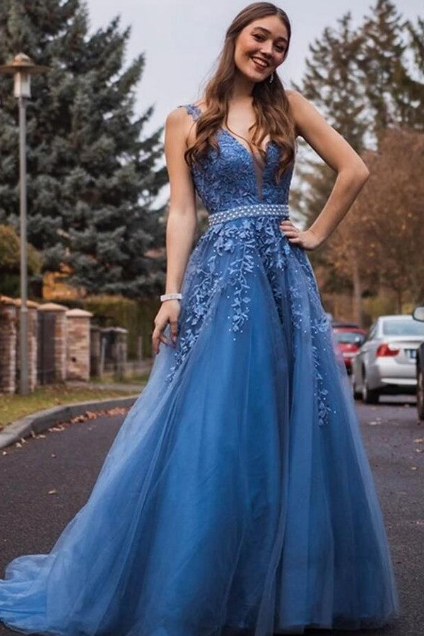 Long A-line V-neck Appliques Lace Tulle Ruffles Floor Length Prom Dress