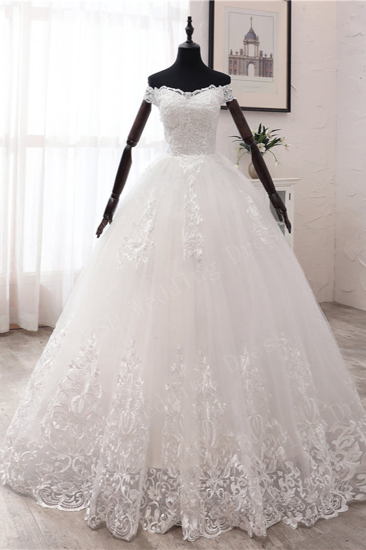 Long Ball Gown Off the Shoulder Tulle Wedding Dress with Lace Appliques