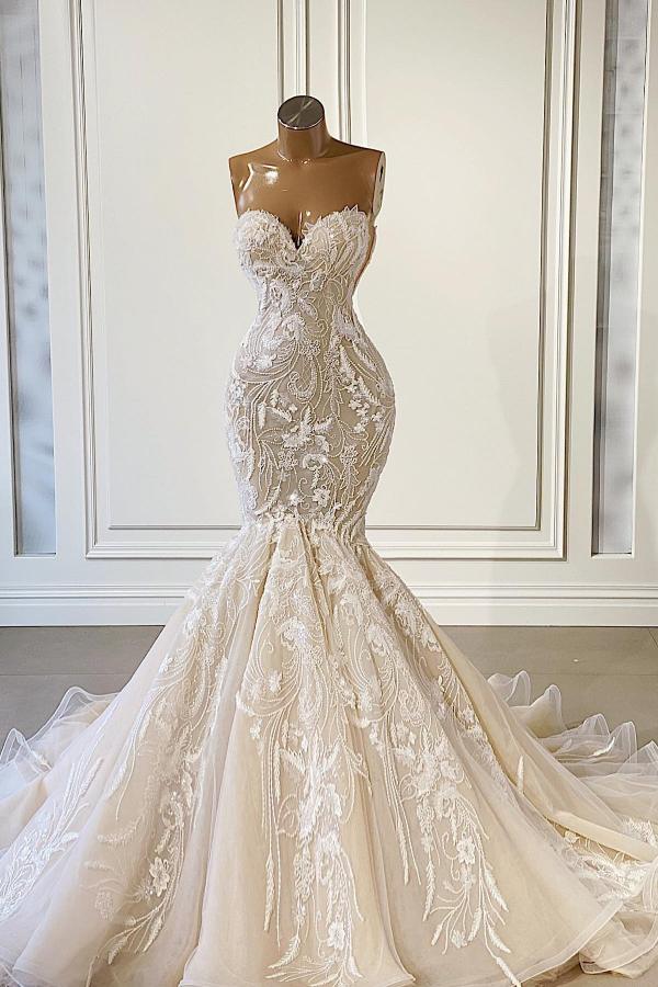 Charming Sweetheart Sleeveless Long Mermaid Wedding Dress with Appliques