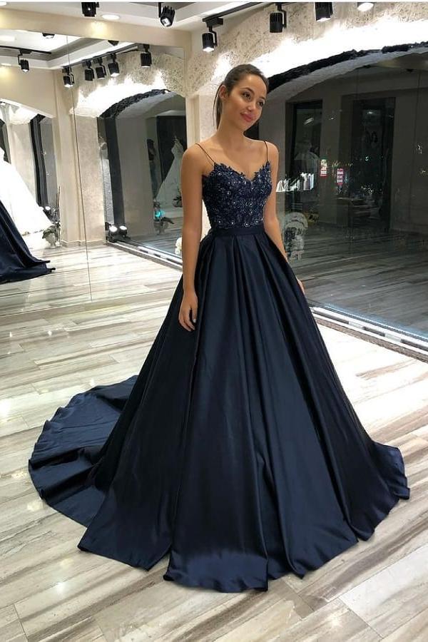 Long Spaghetti Straps Sweetheart Satin Prom Dress