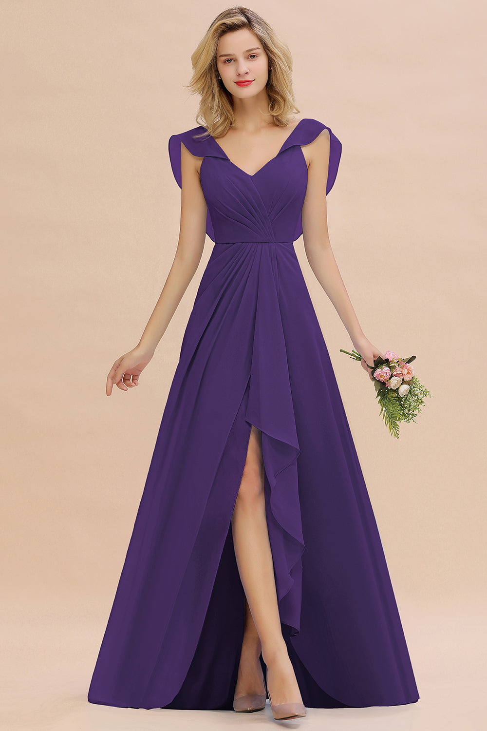 Simple High Low A-line V-Neck Ruffles Chiffon Regency Bridesmaid Dress