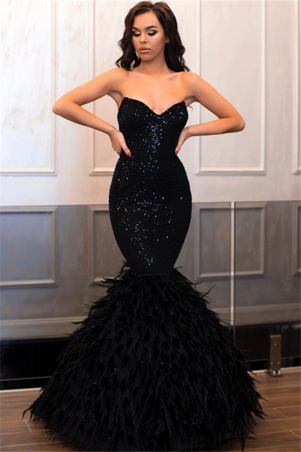 Black Long Strapless Sequined Mermaid Prom Dress