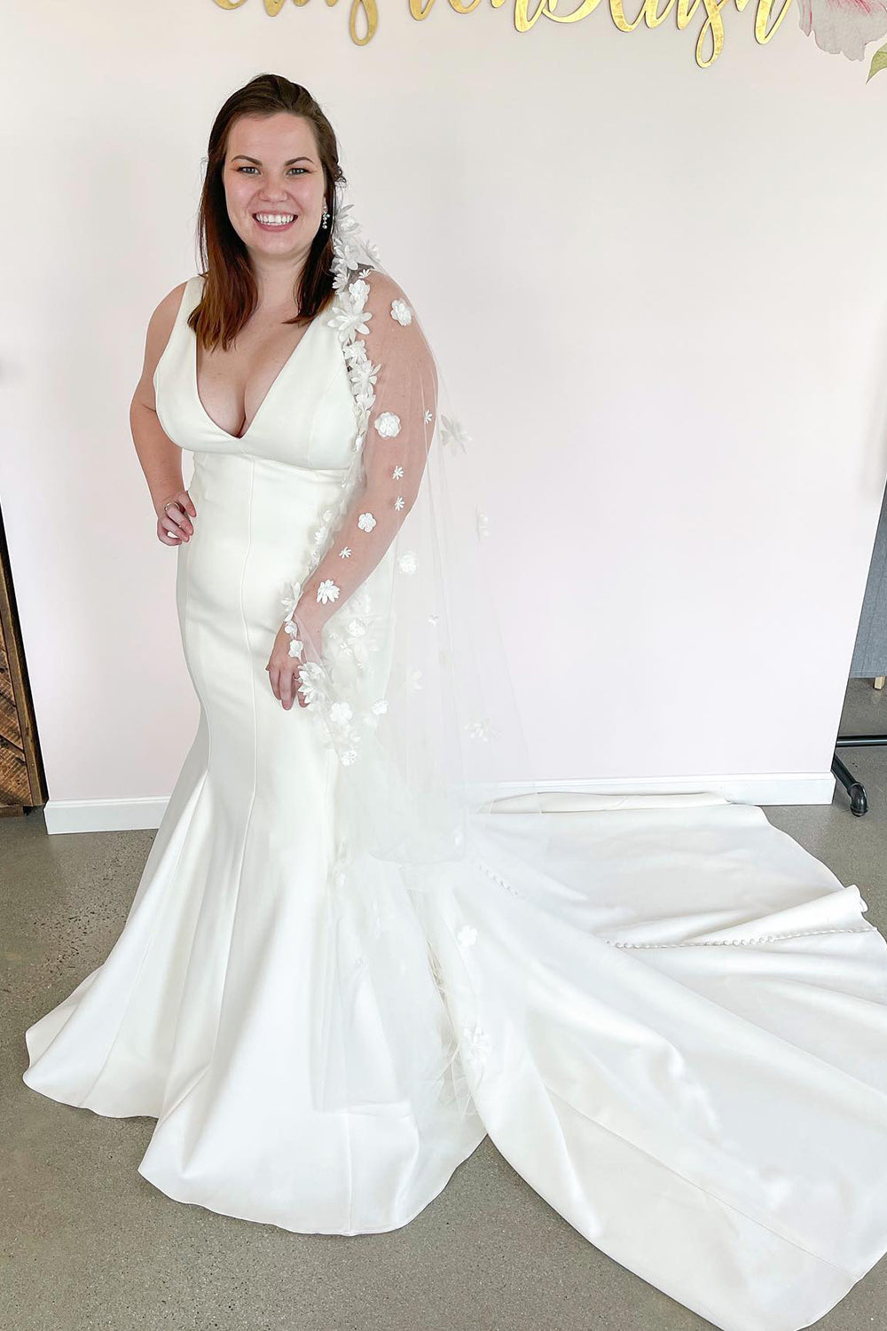 Plus Size Long V-neck Wide Straps Open Back Floor Length Mermaid Wedding Dress
