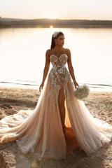 Beautiful Champagne A-Line Sweetheart Sleeveless Long Beading Wedding Dress with High Split