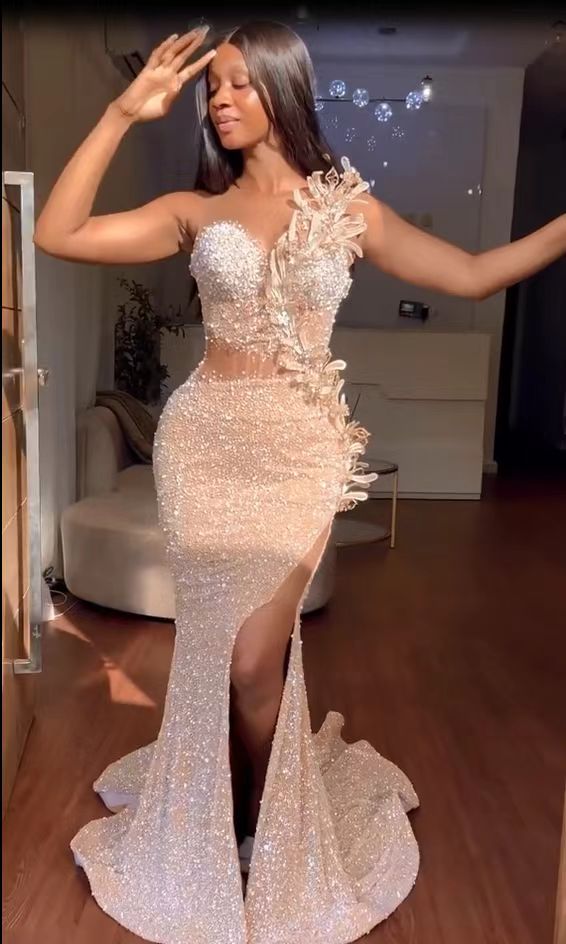 Long Mermaid One Shoulder Sleeveless Sequined Formal Prom Dresses with Slit