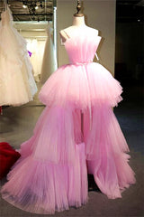 High Low A-line Strapless Tulle Pink Prom Dress