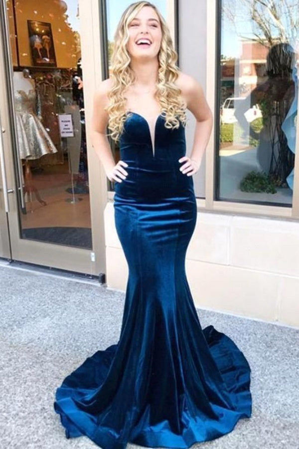 Long Velvet Mermaid Strapless Backless Floor Length Ruffles Formal Evening Dress