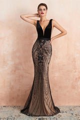 Backless V-neck Tulle Velvet Beading Mermaid Long Evening Formal Dress