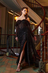Black Long Mermaid Off the Shoulder Tulle Front Split Long Sleeves Formal Dress with Beading