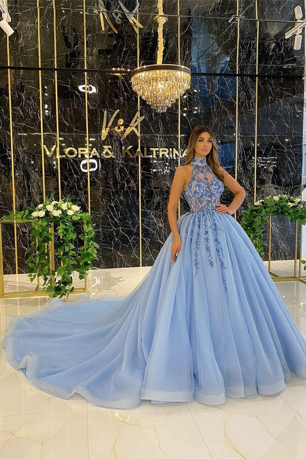 Elegant Long Ball Gown Halter Sleeveless Beading Tulle Prom Dress