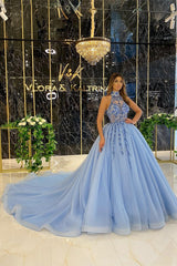 Elegant Long Ball Gown Halter Sleeveless Beading Tulle Prom Dress
