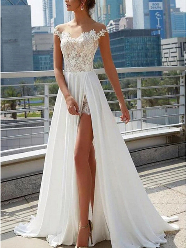 Long A-Line Sweetheart Cap Sleeve Lace Chiffon Wedding Dresses with Slit