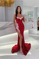Elegant Long Mermaid Sweetheart Sequined Lace Formal Prom Dresses with Slit