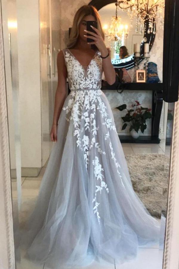 Long A-line V-neck Tulle Floor Length Prom Dress