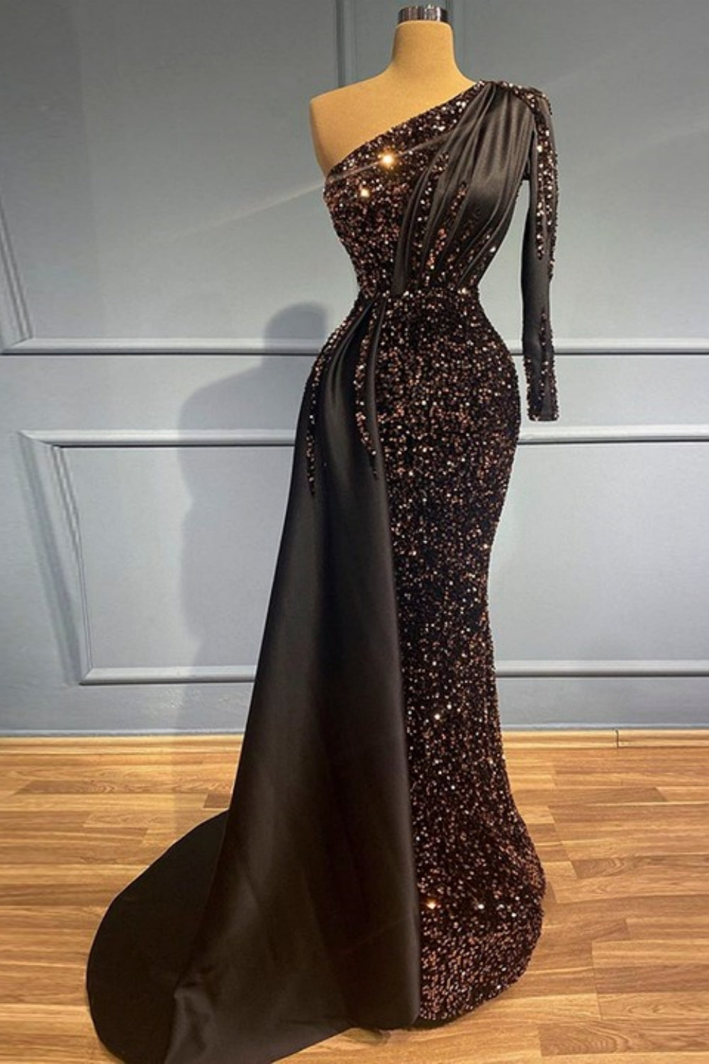 Black Long Mermaid One Shoulder Beads Sequins Evening Prom Dresses with Sleeves