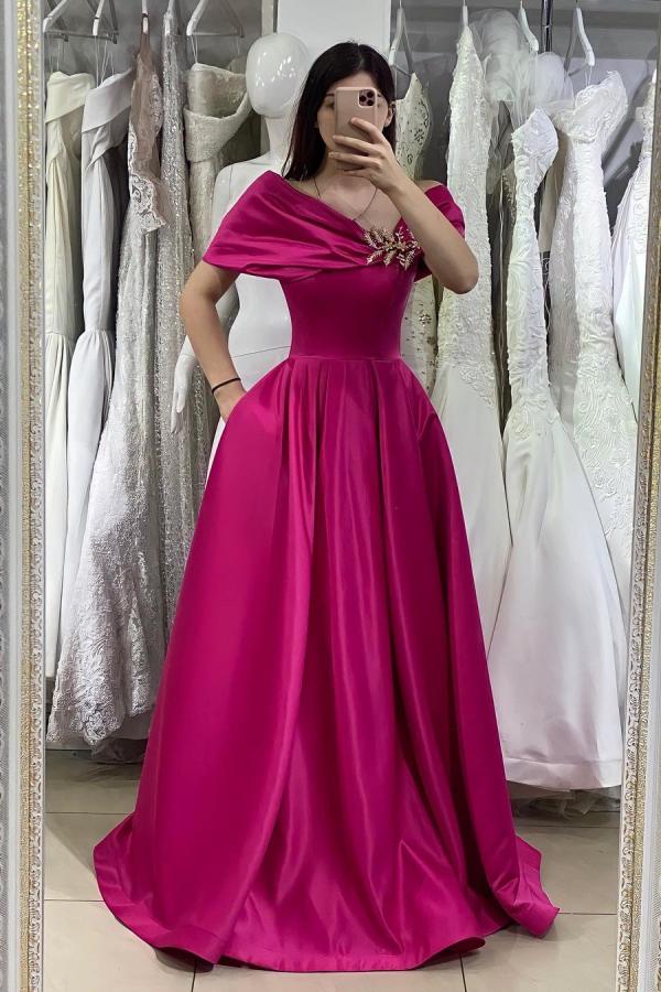 Long A-line Off the Shoulder Satin Formal Evening Dress with Pockets
