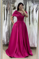 Long A-line Off the Shoulder Satin Formal Evening Dress with Pockets