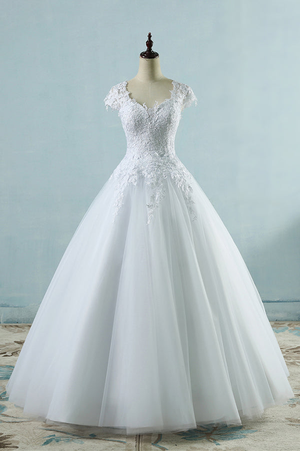 Long Ball Gown Appliques Lace Cap Sleeve Tulle Wedding Dress