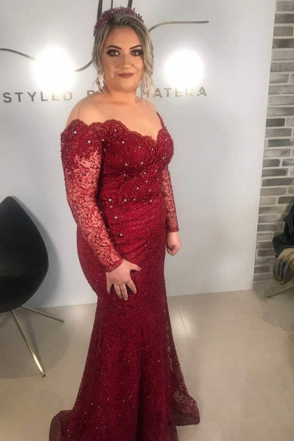 Off the Shoulder Long Sleeve Appliques Lace Floor Length Mermaid Plus Size Formal Dresses