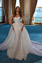 Elegant Long Sweetheart Mermaid Lace Wedding Dress with Detachable Train