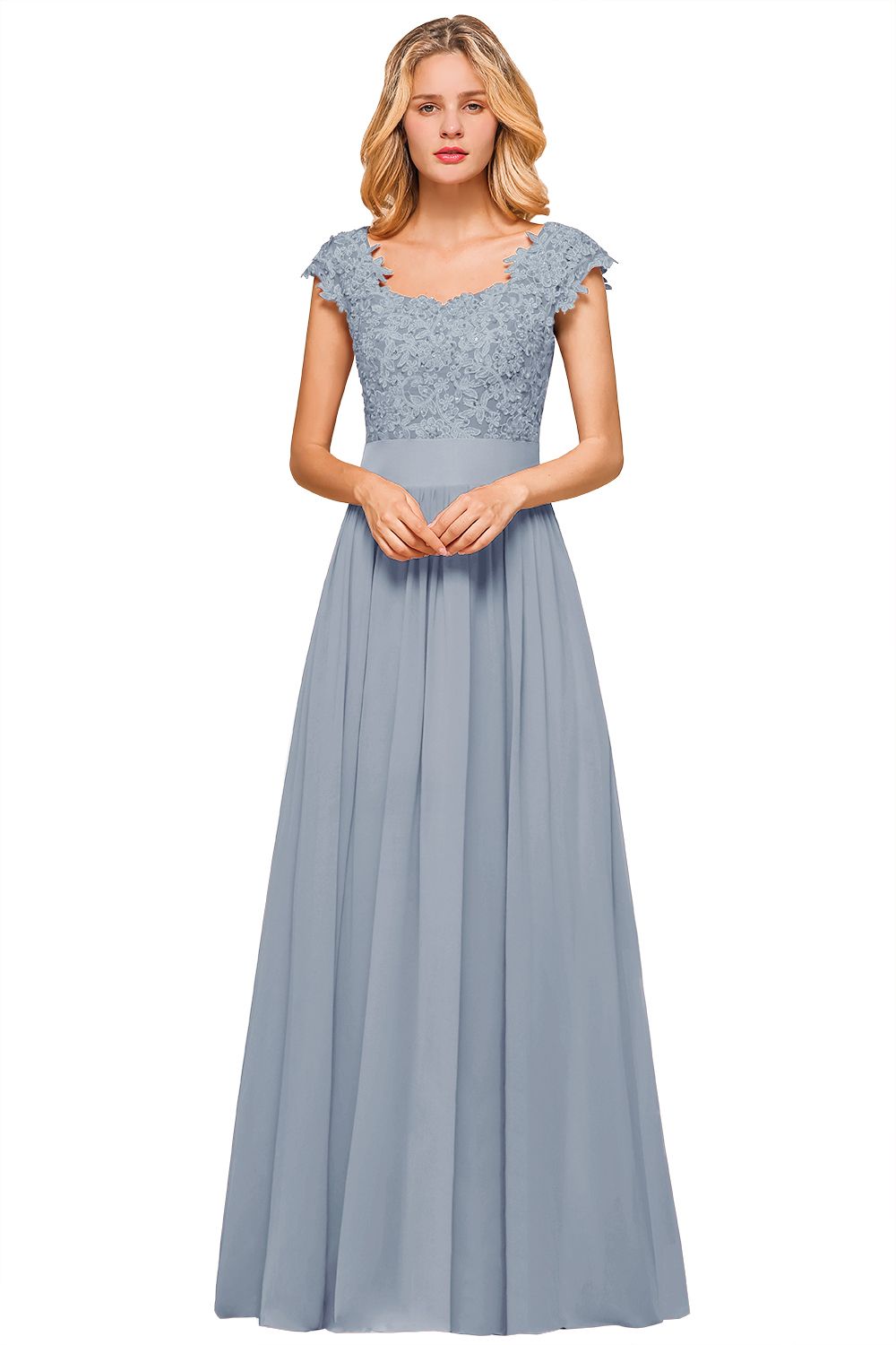 Dusty Blue Long A-line Cap sleeves Lace Bridesmaid Dresses with Appliques