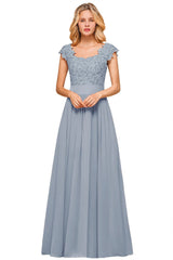 Dusty Blue Long A-line Cap sleeves Lace Bridesmaid Dresses with Appliques
