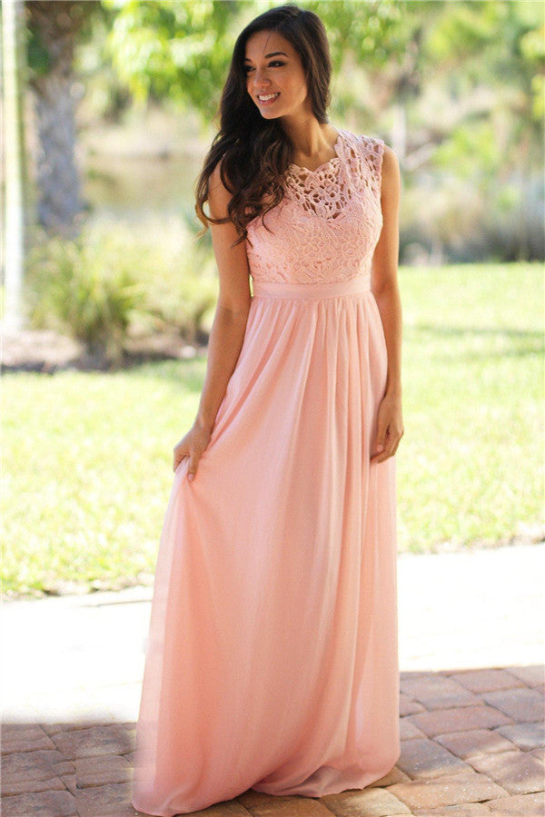 Long A-line Sleeveless Floor Length Lace Chiffon Bridesmaid Dresses