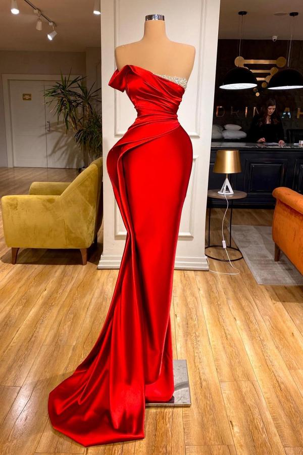 Gorgeous Red Long Mermaid Strapless Sleeveless Satin Prom Dress