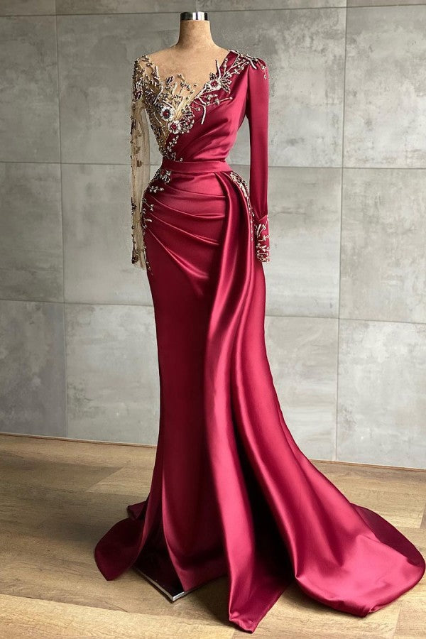 Mermaid Long Sleeves V-neck Satin Formal Evening Dress with Side Sweep Train