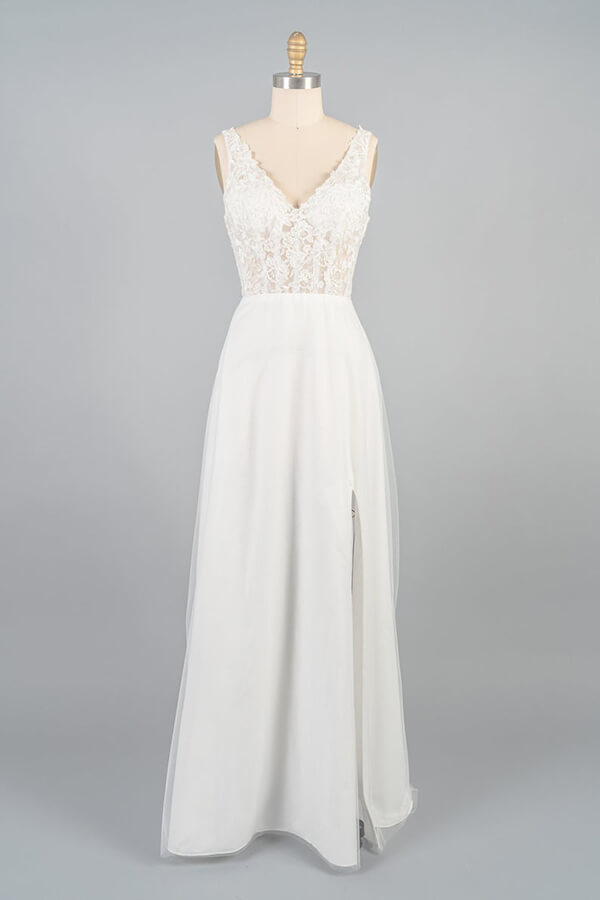 Long V-neck Appliques Lace Tulle A-line Wedding Dress with Slit