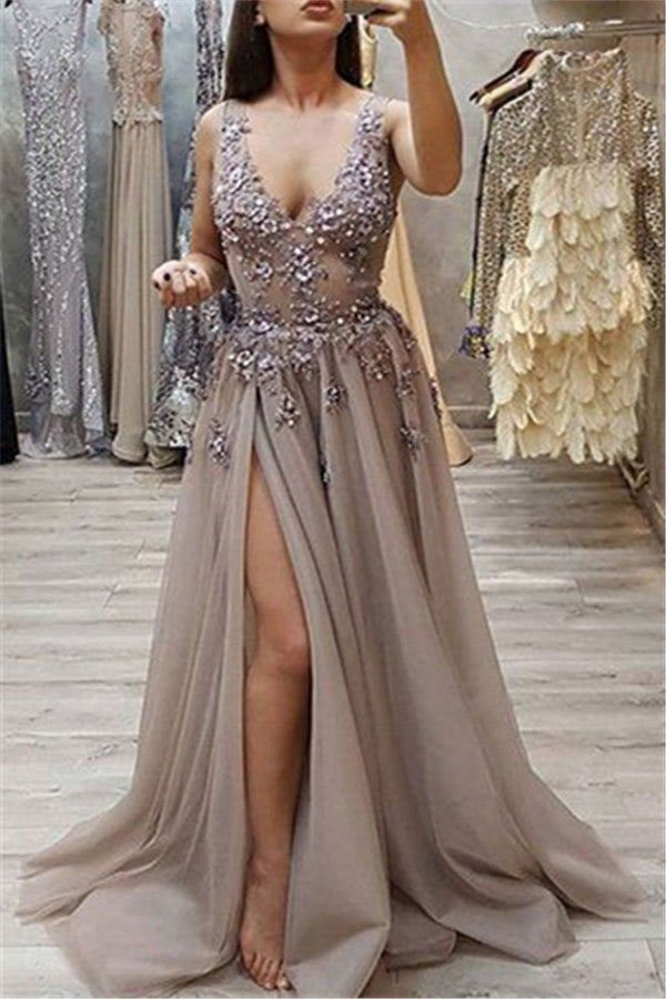 Long V-neck Split Front A-line Tulle Beaded Prom Dress