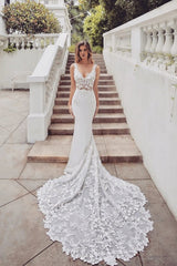 Gorgeous Long Mermaid V-neck Lace Chiffon Wedding Dress