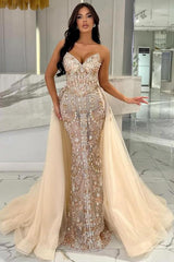 Mermaid Tulle Appliques Lace Long Strapless Prom Dress with Detachable Train