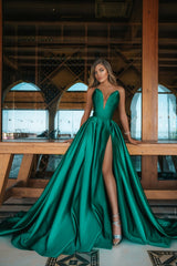 Sexy A-line Floor Length Deep V-neck Ruffles Satin Prom Dress with Slit