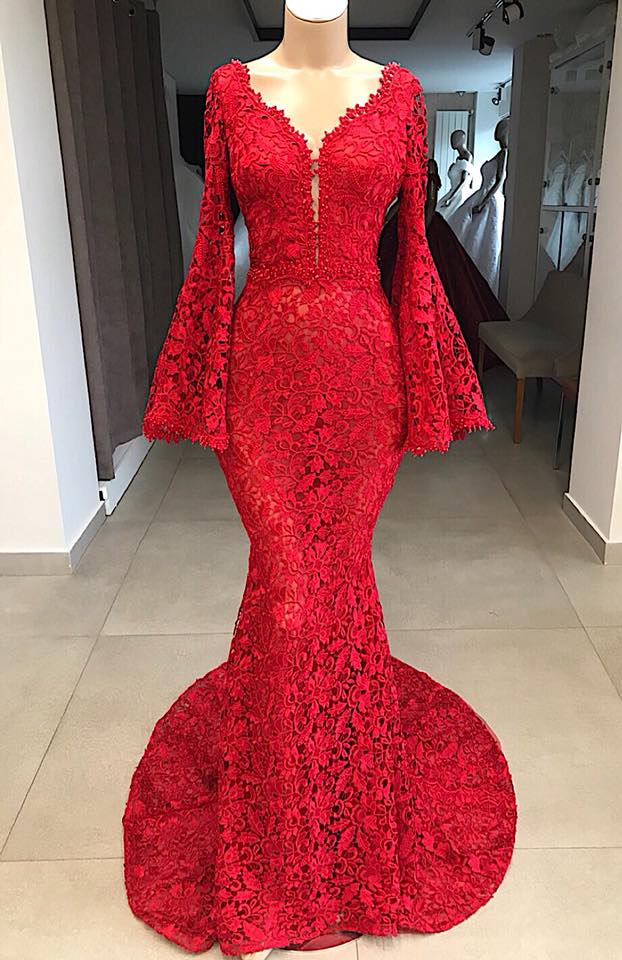 Red V-neck Long Sleeves Lace Floor Length Mermaid Prom Dress