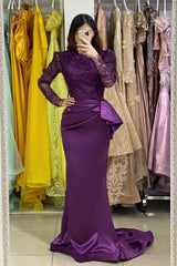 Elegant Long Mermaid Stretch Satin Jewel Lace Formal Dress with Sleeves
