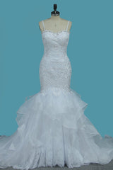Long Spaghetti Straps Backless Floor Length Appliques Lace Tulle Mermaid Wedding Dress