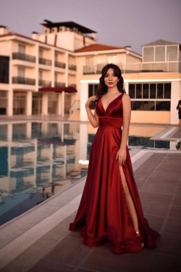 Long A-line V-neck Spaghetti Straps Backless Floor Length Ruffles Prom Dress With Split