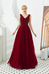 Long V-neck Tulle A-line Sequin Burgundy Formal Dresses