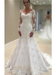 Long Mermaid Sweetheart Court Train Lace Tulle Wedding Dresses with Sleeves