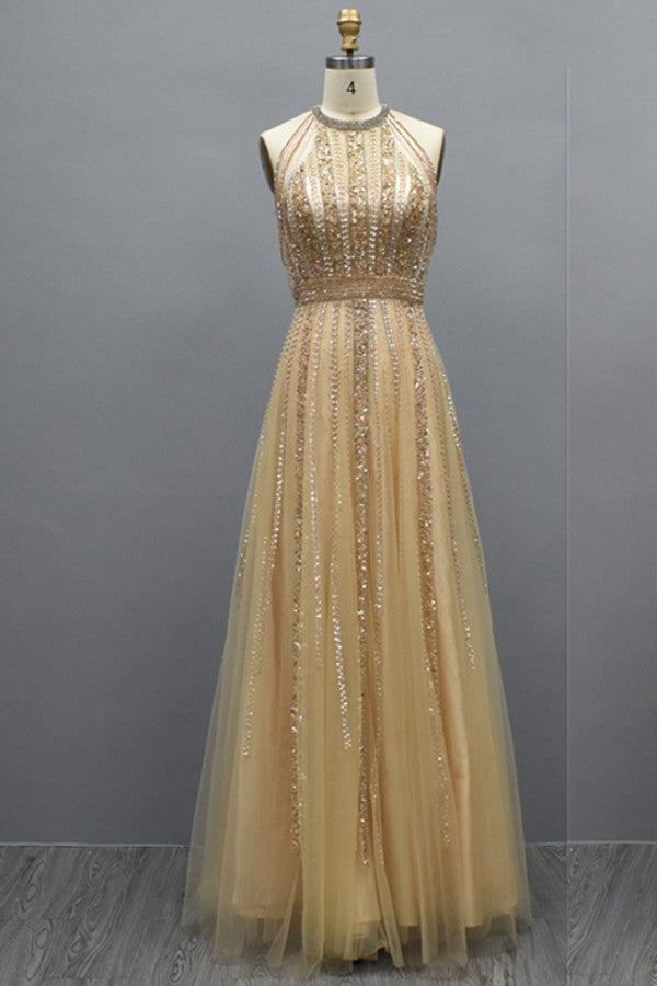 Elegant Long A-line Halter Tulle Beading Evening Gowns Online