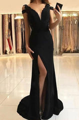 Black Off the Shoulder Lace Mermaid Floor Length Prom Dress With Side Slit