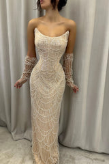 Elegant Long Strapless Mermaid Beaded Prom Dress
