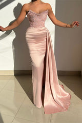 Charming Long Mermaid Strapless Ruffles Sequined Satin Prom Dress