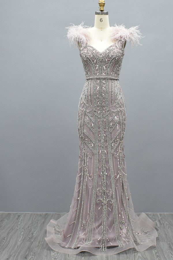 Beautiful Long Mermaid Sweetheart Tulle Beading Evening Dresses