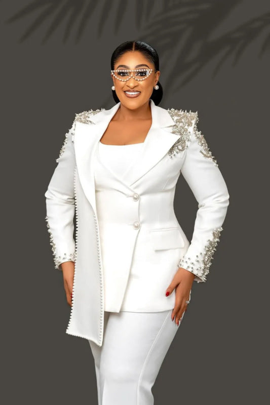 Costume Made Peaked Beaded Women's Business Blazer Pant Suit Set Mother Of The Bride Outfits