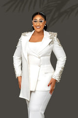 Costume Made Peaked Beaded Women's Business Blazer Pant Suit Set Mother Of The Bride Outfits