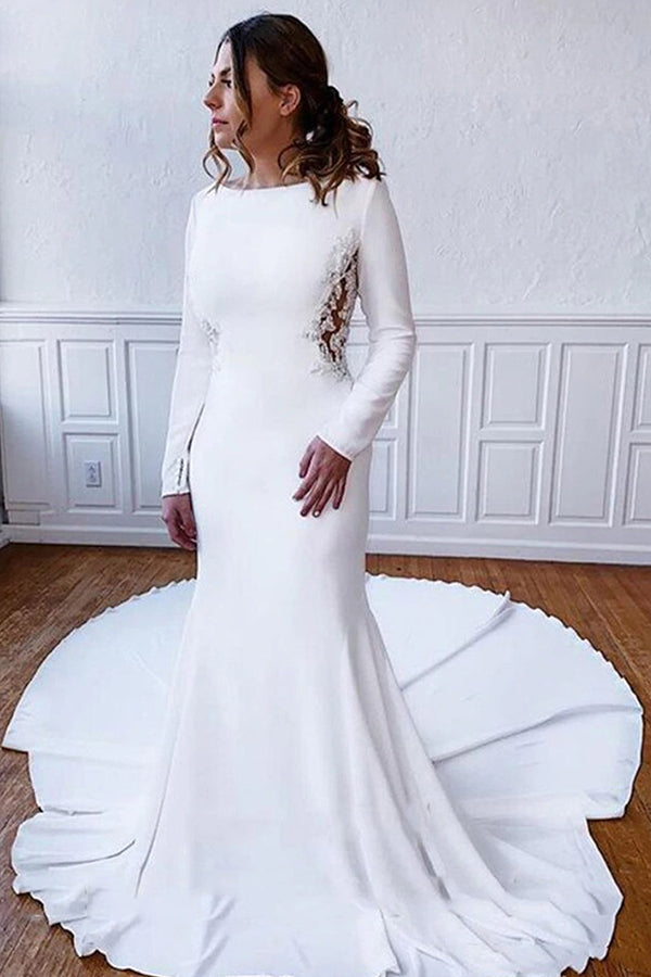 Simple Long Mermaid Satin Lace Back Wedding Dresses with Sleeves